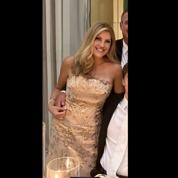 Rene Ruiz Strapless Gown in Blush with Floral Accents